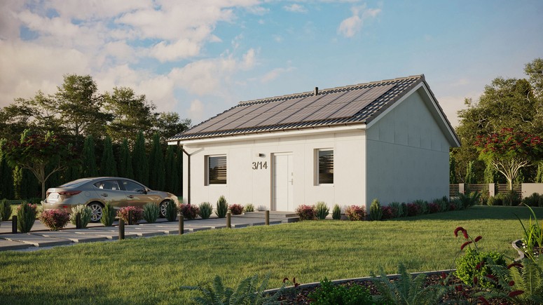 Projekt ERDOL 1 - Wersja lewa (salon po lewej stronie) - Dwuspadowy bez poddasza użytkowego – kąt nachylenia 25 stopni - Bez okien/świetlików dachowych - Okna standardowe - Bez styropianu, siatki i kleju - Biały - Instalacja fotowoltaiczna 6,4 kWp (16 paneli)