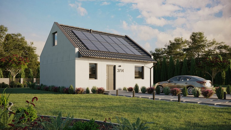 Projekt ERDOL 1 - Wersja prawa (salon po prawej stronie) - Dwuspadowy nowoczesny z poddaszem użytkowym – kąt nachylenia 35 stopni - Bez okien/świetlików dachowych - Okna standardowe - Bez styropianu, siatki i kleju - Antracyt - Instalacja fotowoltaiczna 4,8 kWp (12 paneli)