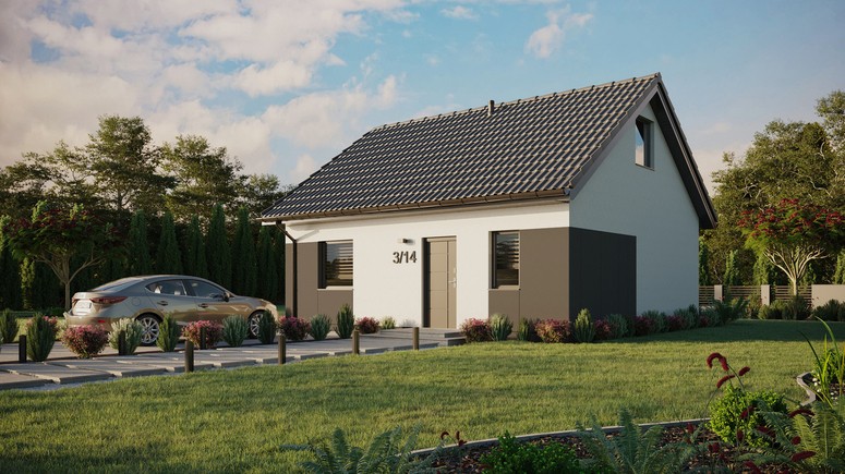 Projekt ERDOL 1 - Wersja lewa (salon po lewej stronie) - Dwuspadowy z poddaszem użytkowym – kąt nachylenia 35 stopni - Bez okien/świetlików dachowych - Okna standardowe - Styropian, siatka i klej - Antracyt - Bez instalacji fotowoltaicznej