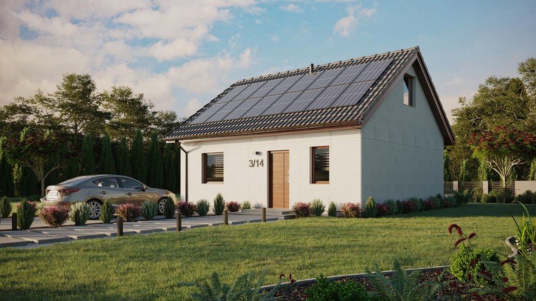 Projekt ERDOL 1 - Wersja lewa (salon po lewej stronie) - Dwuspadowy z poddaszem użytkowym – kąt nachylenia 35 stopni - Bez okien/świetlików dachowych - Okna standardowe - Bez styropianu, siatki i kleju - Orzech - Instalacja fotowoltaiczna 6,4 kWp (16 paneli)