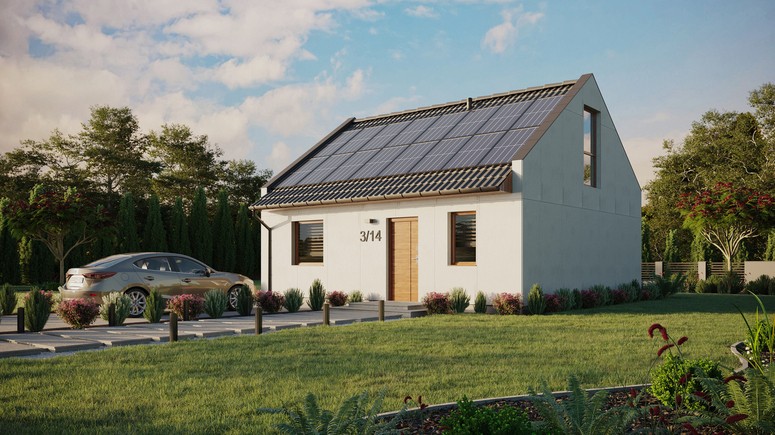 Projekt ERDOL 1 - Wersja lewa (salon po lewej stronie) - Dwuspadowy nowoczesny z poddaszem użytkowym – kąt nachylenia 35 stopni - Bez okien/świetlików dachowych - Okno balkonowe w jadalni i okna na poddaszu do podłogi - Bez styropianu, siatki i kleju - Złoty dąb - Instalacja fotowoltaiczna 6,4 kWp (16 paneli)