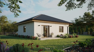 Projekt ERDOL 1 - Wersja prawa (salon po prawej stronie) - Czterospadowy bez poddasza użytkowego – kąt nachylenia 25 stopni - Bez okien/świetlików dachowych - Okna standardowe - Bez styropianu, siatki i kleju - Winchester