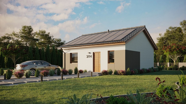 Projekt ERDOL 1 - Wersja lewa (salon po lewej stronie) - Dwuspadowy bez poddasza użytkowego – kąt nachylenia 25 stopni - Bez okien/świetlików dachowych - Okna standardowe - Styropian, siatka i klej - Złoty dąb - Instalacja fotowoltaiczna 6,4 kWp (16 paneli)