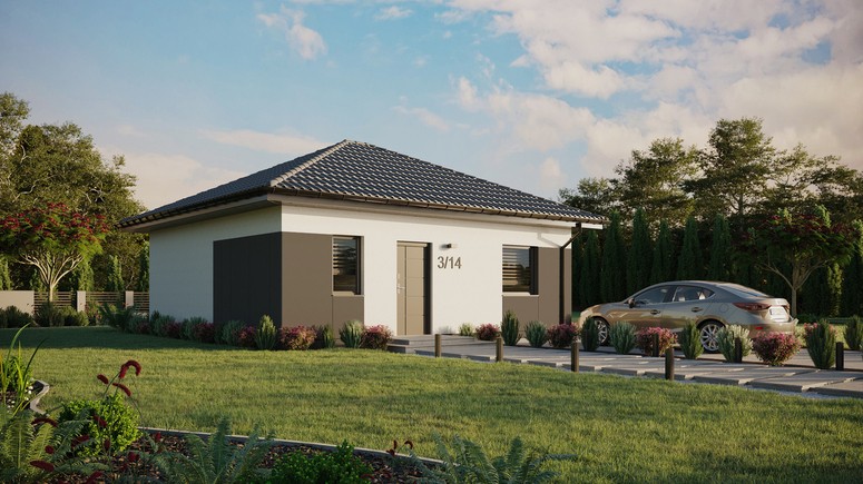 Projekt ERDOL 1 - Wersja prawa (salon po prawej stronie) - Czterospadowy bez poddasza użytkowego – kąt nachylenia 25 stopni - Bez okien/świetlików dachowych - Okna standardowe - Styropian, siatka i klej - Antracyt