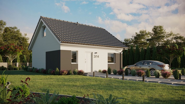 Projekt ERDOL 1 - Wersja prawa (salon po prawej stronie) - Dwuspadowy z poddaszem użytkowym – kąt nachylenia 35 stopni - Bez okien/świetlików dachowych - Okna standardowe - Styropian, siatka i klej - Biały - Bez instalacji fotowoltaicznej