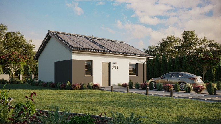 Projekt ERDOL 1 - Wersja prawa (salon po prawej stronie) - Dwuspadowy bez poddasza użytkowego – kąt nachylenia 25 stopni - Świetlik dachowy - Okna standardowe - Styropian, siatka i klej - Antracyt - Instalacja fotowoltaiczna 6,4 kWp (16 paneli)