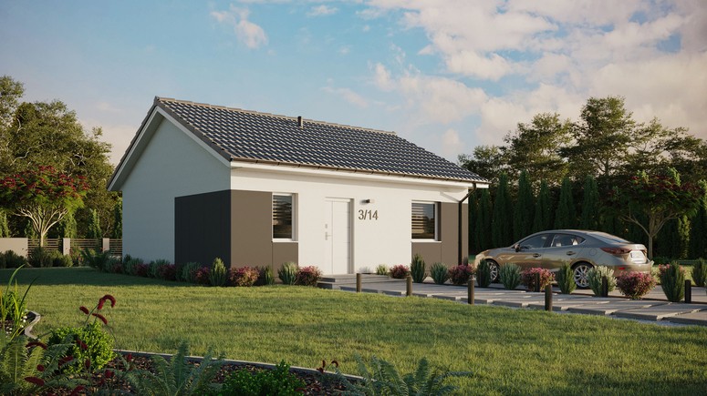 Projekt ERDOL 1 - Wersja prawa (salon po prawej stronie) - Dwuspadowy bez poddasza użytkowego – kąt nachylenia 25 stopni - Bez okien/świetlików dachowych - Okna standardowe - Styropian, siatka i klej - Biały - Bez instalacji fotowoltaicznej