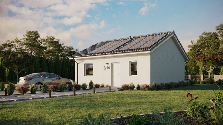 Projekt ERDOL 1 - Wersja lewa (salon po lewej stronie) - Dwuspadowy bez poddasza użytkowego – kąt nachylenia 25 stopni - Świetlik dachowy - Okna standardowe - Bez styropianu, siatki i kleju - Biały - Instalacja fotowoltaiczna 4,8 kWp (12 paneli)