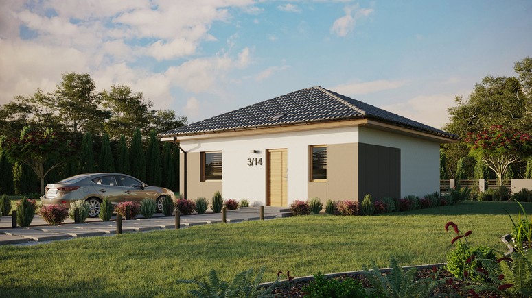 Projekt ERDOL 1 - Wersja lewa (salon po lewej stronie) - Czterospadowy bez poddasza użytkowego – kąt nachylenia 25 stopni - Świetlik dachowy - Okno balkonowe w jadalni - Styropian, siatka i klej - Winchester