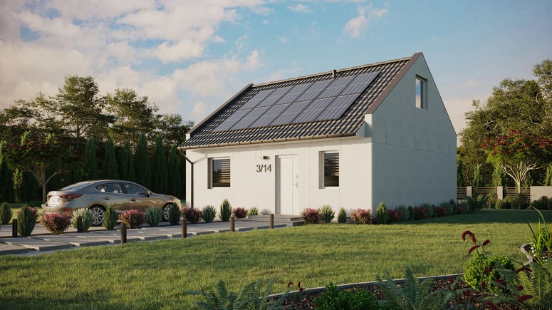 Projekt ERDOL 1 - Wersja lewa (salon po lewej stronie) - Dwuspadowy nowoczesny z poddaszem użytkowym – kąt nachylenia 35 stopni - Bez okien/świetlików dachowych - Okna standardowe - Bez styropianu, siatki i kleju - Biały - Instalacja fotowoltaiczna 4,8 kWp (12 paneli)