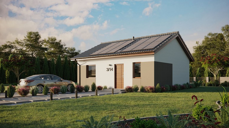 Projekt ERDOL 1 - Wersja lewa (salon po lewej stronie) - Dwuspadowy bez poddasza użytkowego – kąt nachylenia 25 stopni - Świetlik dachowy - Okno balkonowe w jadalni - Styropian, siatka i klej - Orzech - Instalacja fotowoltaiczna 4,8 kWp (12 paneli)