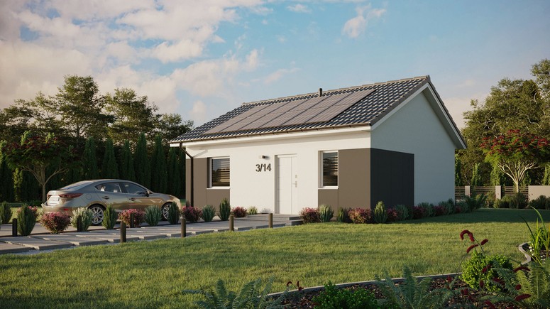 Projekt ERDOL 1 - Wersja lewa (salon po lewej stronie) - Dwuspadowy bez poddasza użytkowego – kąt nachylenia 25 stopni - Bez okien/świetlików dachowych - Okna standardowe - Styropian, siatka i klej - Biały - Instalacja fotowoltaiczna 4,8 kWp (12 paneli)