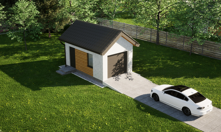 Garaż ERDOL G1 - Wersja lewa - Układ kalenicy prostopadły z dachem dwuspadowym o kącie nachylenia 35 stopni - Brama segmentowa z napędem IO, sterowana pilotem - UniPro WIŚNIOWSKI - Styropian, siatka i klej - Antracyt