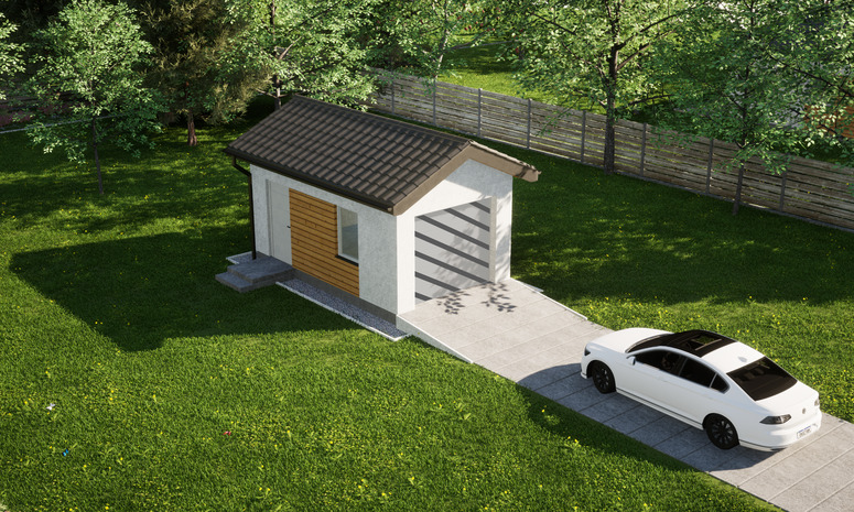 Garaż ERDOL G1 - Wersja lewa - Układ kalenicy prostopadły z dachem dwuspadowym o kącie nachylenia 25 stopni - Bez bramy - Styropian, siatka i klej - Biały