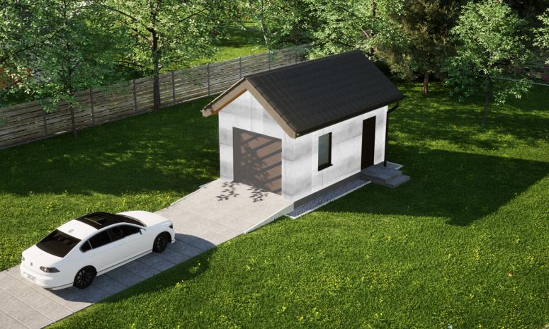 Garaż ERDOL G1 - Wersja prawa - Układ kalenicy prostopadły z dachem dwuspadowym o kącie nachylenia 35 stopni - Bez bramy - Bez styropianu, siatki i kleju - Orzech