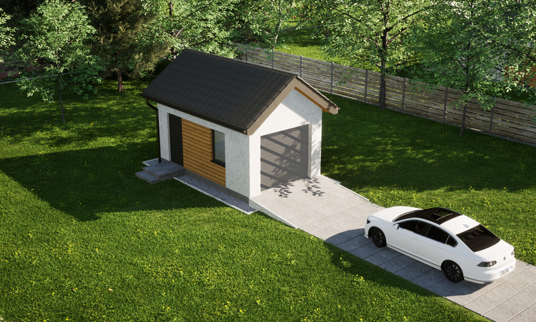 Garaż ERDOL G1 - Wersja lewa - Układ kalenicy prostopadły z dachem dwuspadowym o kącie nachylenia 35 stopni - Bez bramy - Styropian, siatka i klej - Antracyt