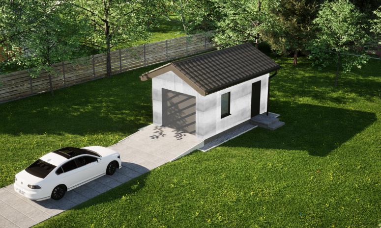 Garaż ERDOL G1 - Wersja prawa - Układ kalenicy prostopadły z dachem dwuspadowym o kącie nachylenia 25 stopni - Bez bramy - Bez styropianu, siatki i kleju - Antracyt