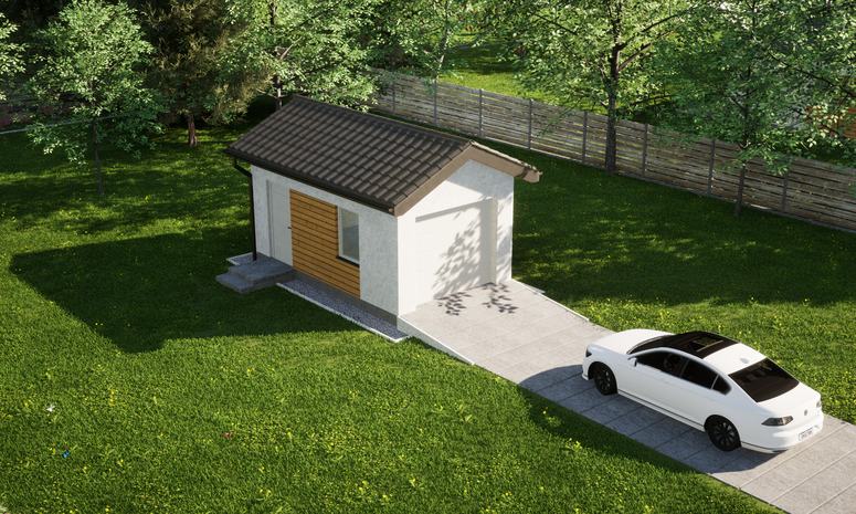 Garaż ERDOL G1 - Wersja lewa - Układ kalenicy prostopadły z dachem dwuspadowym o kącie nachylenia 25 stopni - Brama segmentowa z napędem IO, sterowana pilotem - UniPro WIŚNIOWSKI - Styropian, siatka i klej - Biały