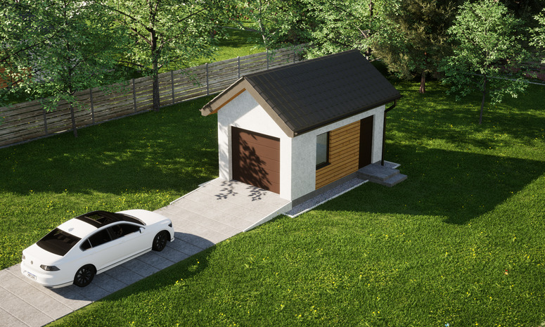 Garaż ERDOL G1 - Wersja prawa - Układ kalenicy prostopadły z dachem dwuspadowym o kącie nachylenia 35 stopni - Brama segmentowa z napędem IO, sterowana pilotem - UniPro WIŚNIOWSKI - Styropian, siatka i klej - Orzech