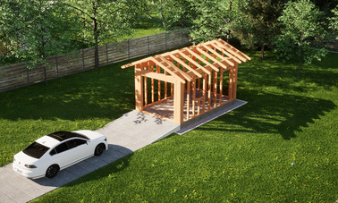 Widok konstrukcji: Garaż ERDOL G1 - Wersja prawa - Układ kalenicy prostopadły z dachem dwuspadowym o kącie nachylenia 25 stopni