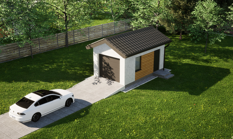 Garaż ERDOL G1 - Wersja prawa - Układ kalenicy prostopadły z dachem dwuspadowym o kącie nachylenia 25 stopni - Brama segmentowa z napędem IO, sterowana pilotem - UniPro WIŚNIOWSKI - Styropian, siatka i klej - Antracyt