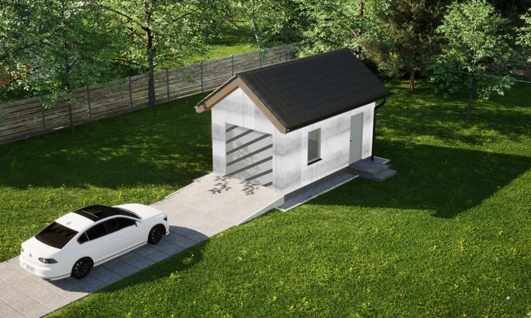 Garaż ERDOL G1 - Wersja prawa - Układ kalenicy prostopadły z dachem dwuspadowym o kącie nachylenia 35 stopni - Bez bramy - Bez styropianu, siatki i kleju - Biały