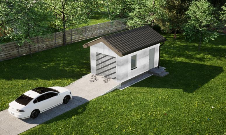 Garaż ERDOL G1 - Wersja prawa - Układ kalenicy prostopadły z dachem dwuspadowym o kącie nachylenia 25 stopni - Bez bramy - Bez styropianu, siatki i kleju - Biały