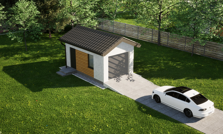 Garaż ERDOL G1 - Wersja lewa - Układ kalenicy prostopadły z dachem dwuspadowym o kącie nachylenia 25 stopni - Bez bramy - Styropian, siatka i klej - Antracyt