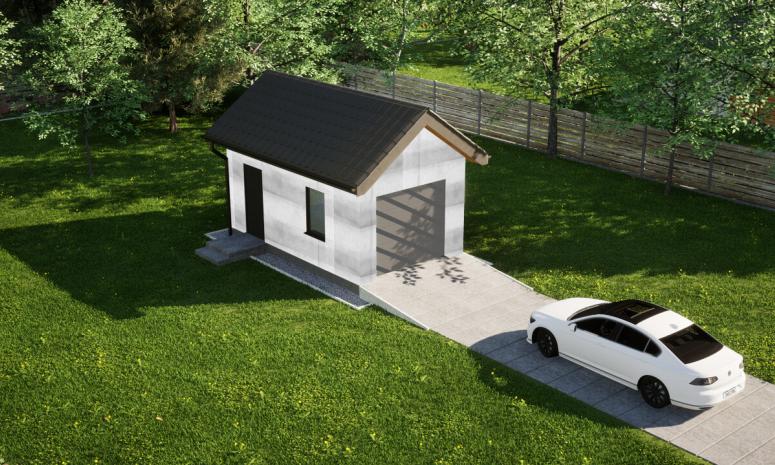 Garaż ERDOL G1 - Wersja lewa - Układ kalenicy prostopadły z dachem dwuspadowym o kącie nachylenia 35 stopni - Bez bramy - Bez styropianu, siatki i kleju - Antracyt