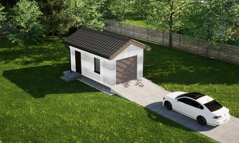 Garaż ERDOL G1 - Wersja lewa - Układ kalenicy prostopadły z dachem dwuspadowym o kącie nachylenia 25 stopni - Bez bramy - Bez styropianu, siatki i kleju - Orzech