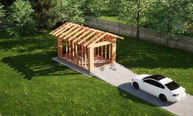 Widok konstrukcji: Garaż ERDOL G1 - Wersja lewa - Układ kalenicy prostopadły z dachem dwuspadowym o kącie nachylenia 25 stopni