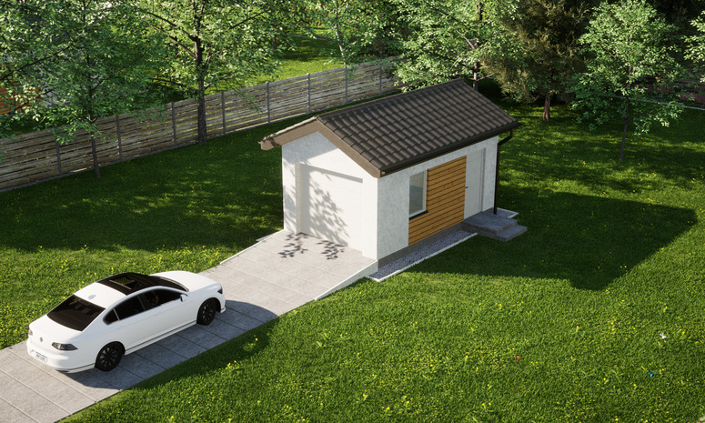 Garaż ERDOL G1 - Wersja prawa - Układ kalenicy prostopadły z dachem dwuspadowym o kącie nachylenia 25 stopni - Brama segmentowa z napędem IO, sterowana pilotem - UniPro WIŚNIOWSKI - Styropian, siatka i klej - Biały