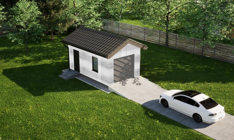 Garaż ERDOL G1 - Wersja lewa - Układ kalenicy prostopadły z dachem dwuspadowym o kącie nachylenia 25 stopni - Bez bramy - Bez styropianu, siatki i kleju - Antracyt