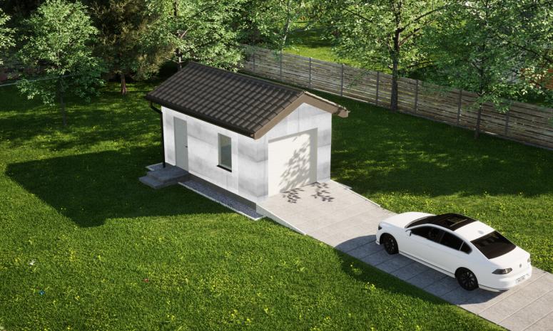 Garaż ERDOL G1 - Wersja lewa - Układ kalenicy prostopadły z dachem dwuspadowym o kącie nachylenia 25 stopni - Brama segmentowa z napędem IO, sterowana pilotem - UniPro WIŚNIOWSKI - Bez styropianu, siatki i kleju - Biały