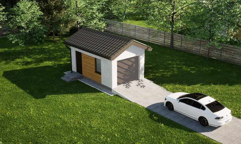 Garaż ERDOL G1 - Wersja lewa - Układ kalenicy prostopadły z dachem dwuspadowym o kącie nachylenia 25 stopni - Bez bramy - Styropian, siatka i klej - Orzech