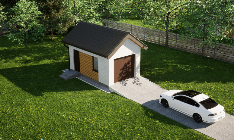Garaż ERDOL G1 - Wersja lewa - Układ kalenicy prostopadły z dachem dwuspadowym o kącie nachylenia 35 stopni - Brama segmentowa z napędem IO, sterowana pilotem - UniPro WIŚNIOWSKI - Styropian, siatka i klej - Orzech