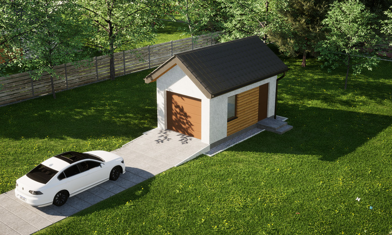 Garaż ERDOL G1 - Wersja prawa - Układ kalenicy prostopadły z dachem dwuspadowym o kącie nachylenia 35 stopni - Brama segmentowa z napędem IO, sterowana pilotem - UniPro WIŚNIOWSKI - Styropian, siatka i klej - Złoty dąb