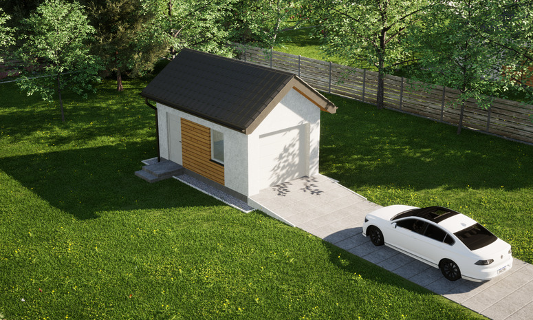 Garaż ERDOL G1 - Wersja lewa - Układ kalenicy prostopadły z dachem dwuspadowym o kącie nachylenia 35 stopni - Brama segmentowa z napędem IO, sterowana pilotem - UniPro WIŚNIOWSKI - Styropian, siatka i klej - Biały