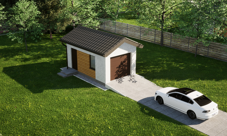 Garaż ERDOL G1 - Wersja lewa - Układ kalenicy prostopadły z dachem dwuspadowym o kącie nachylenia 25 stopni - Brama segmentowa z napędem IO, sterowana pilotem - UniPro WIŚNIOWSKI - Styropian, siatka i klej - Orzech