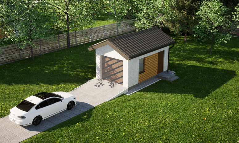 Garaż ERDOL G1 - Wersja prawa - Układ kalenicy prostopadły z dachem dwuspadowym o kącie nachylenia 25 stopni - Bez bramy - Styropian, siatka i klej - Złoty dąb