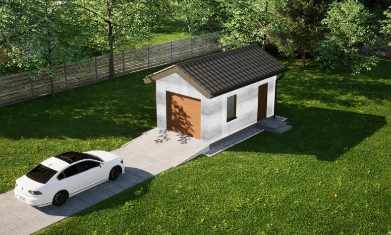 Garaż ERDOL G1 - Wersja prawa - Układ kalenicy prostopadły z dachem dwuspadowym o kącie nachylenia 25 stopni - Brama segmentowa z napędem IO, sterowana pilotem - UniPro WIŚNIOWSKI - Bez styropianu, siatki i kleju - Złoty dąb