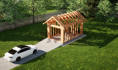 Widok konstrukcji: Garaż ERDOL G1 - Wersja prawa - Układ kalenicy prostopadły z dachem dwuspadowym o kącie nachylenia 35 stopni