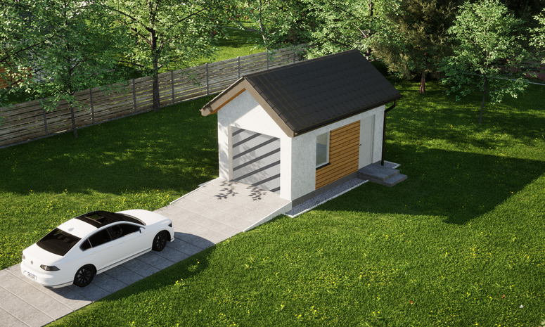 Garaż ERDOL G1 - Wersja prawa - Układ kalenicy prostopadły z dachem dwuspadowym o kącie nachylenia 35 stopni - Bez bramy - Styropian, siatka i klej - Biały
