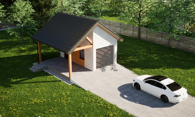 Garaż ERDOL G1W - Wersja lewa - Układ kalenicy prostopadły z dachem dwuspadowym o kącie nachylenia 35 stopni - Bez bramy - Styropian, siatka i klej - Orzech