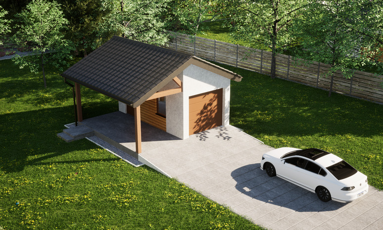 Garaż ERDOL G1W - Wersja lewa - Układ kalenicy prostopadły z dachem dwuspadowym o kącie nachylenia 25 stopni - Brama segmentowa z napędem IO, sterowana pilotem - UniPro WIŚNIOWSKI - Styropian, siatka i klej - Złoty dąb