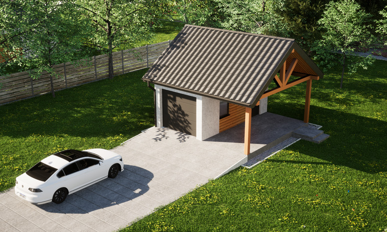 Garaż ERDOL G1W - Wersja prawa - Układ kalenicy równoległy z dachem dwuspadowym o kącie nachylenia 35 stopni - Brama segmentowa z napędem IO, sterowana pilotem - UniPro WIŚNIOWSKI - Styropian, siatka i klej - Antracyt