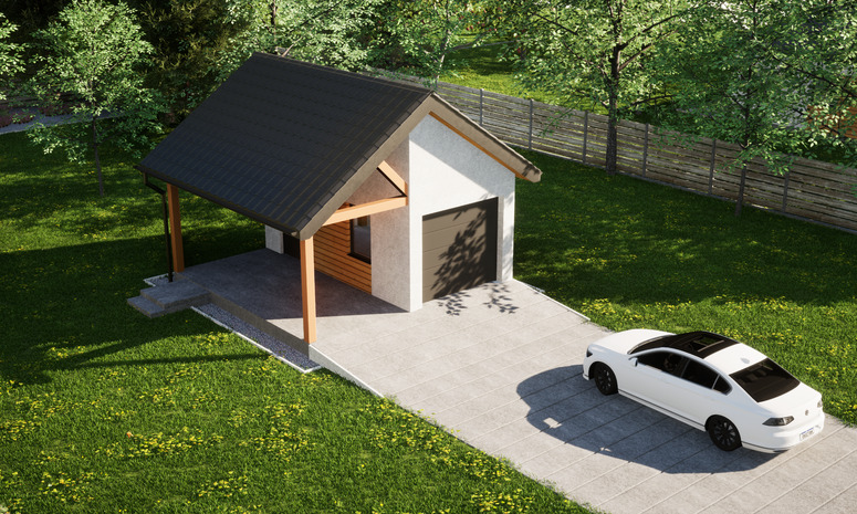 Garaż ERDOL G1W - Wersja lewa - Układ kalenicy prostopadły z dachem dwuspadowym o kącie nachylenia 35 stopni - Brama segmentowa z napędem IO, sterowana pilotem - UniPro WIŚNIOWSKI - Styropian, siatka i klej - Antracyt