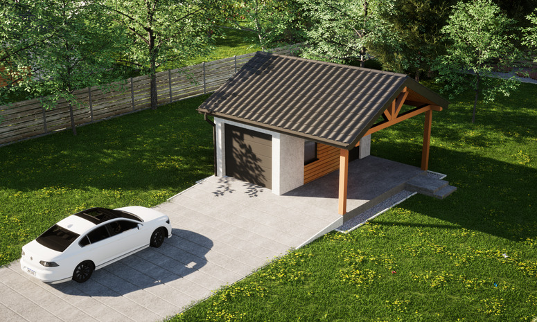Garaż ERDOL G1W - Wersja prawa - Układ kalenicy równoległy z dachem dwuspadowym o kącie nachylenia 25 stopni - Brama segmentowa z napędem IO, sterowana pilotem - UniPro WIŚNIOWSKI - Styropian, siatka i klej - Antracyt