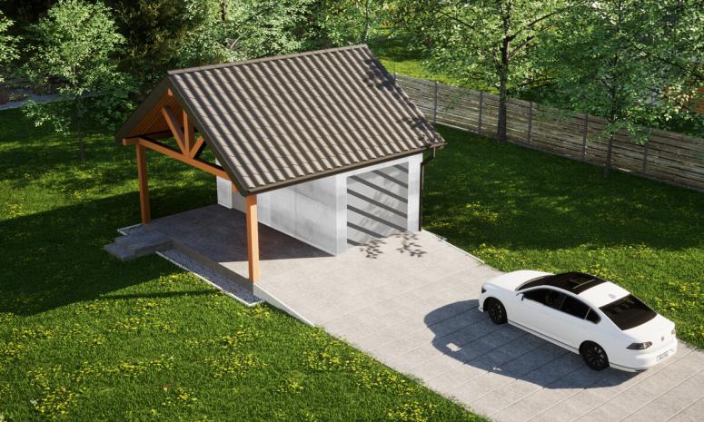 Garaż ERDOL G1W - Wersja lewa - Układ kalenicy równoległy z dachem dwuspadowym o kącie nachylenia 35 stopni - Bez bramy - Bez styropianu, siatki i kleju - Biały