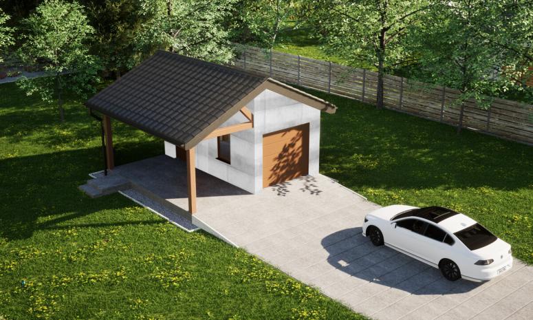 Garaż ERDOL G1W - Wersja lewa - Układ kalenicy prostopadły z dachem dwuspadowym o kącie nachylenia 25 stopni - Brama segmentowa z napędem IO, sterowana pilotem - UniPro WIŚNIOWSKI - Bez styropianu, siatki i kleju - Złoty dąb